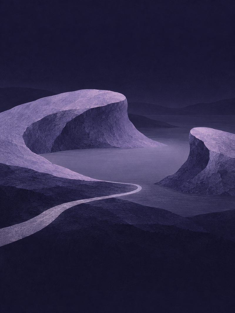 A calm lavender landscape with an open loop, the Unloop illustration